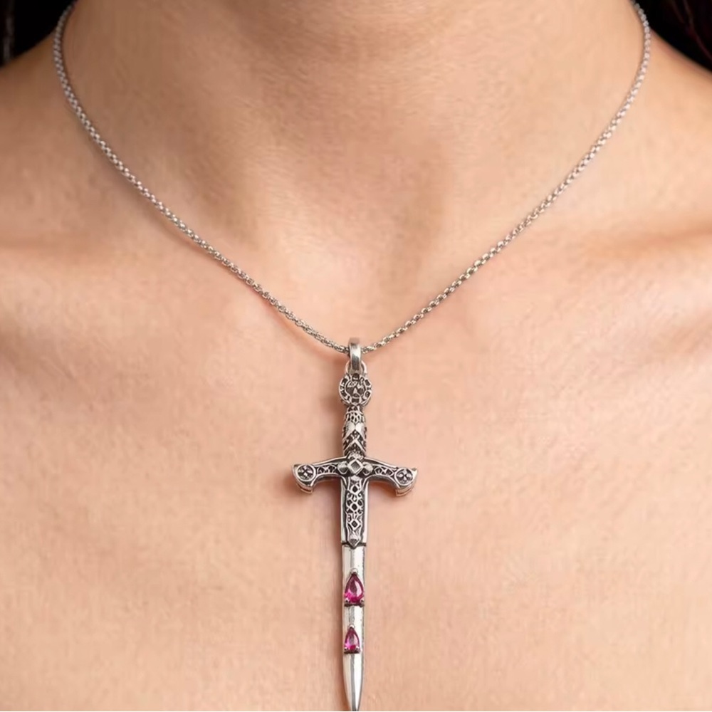 Sterling Silver Sword Cross Pendant Necklace with Pink Gemstones